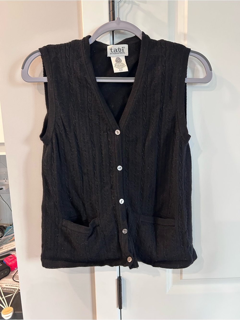 Vintage Tabi International Black Wool Cable Knit Sweater Vest Pockets Academia